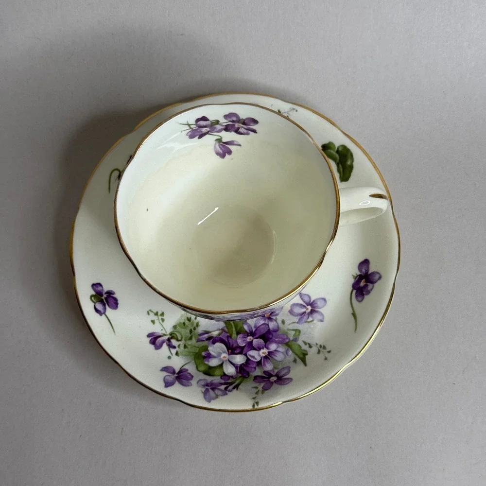 Hammersley Bone China Tea Cup and Saucer Set Purple Violets Gold Trim England
